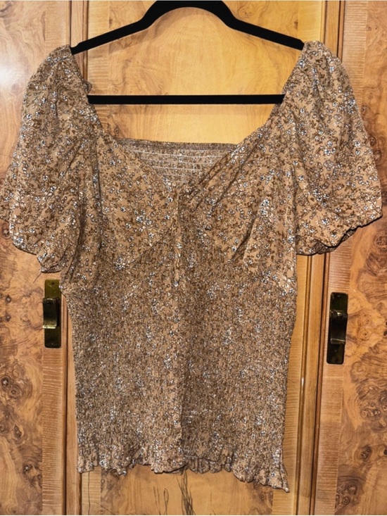 Tops - Womens Shimmery Puff Sleeve Top - Beige Gold size XL
